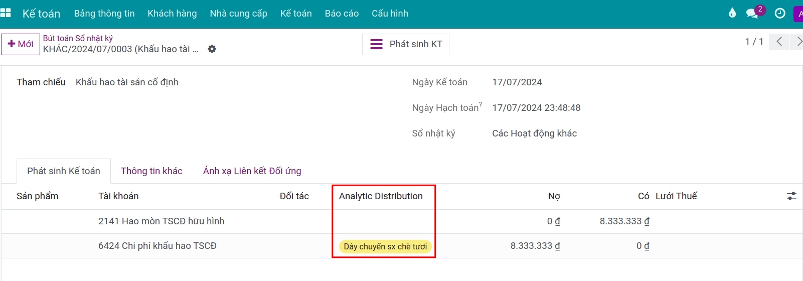 Tài khoản kế toán quản trị trên bút toán khấu hao tài sản Viindoo