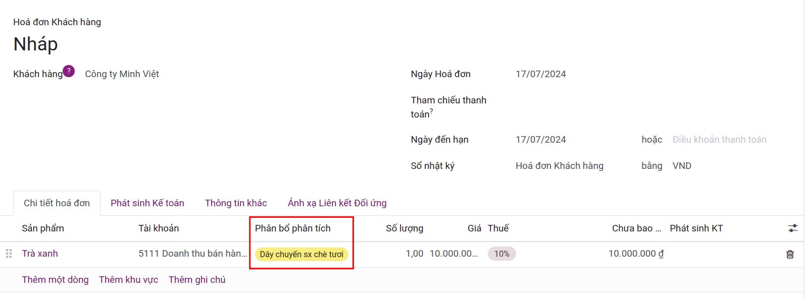 Tài khoản kế toán quản trị trên hóa đơn khách hàng Viindoo