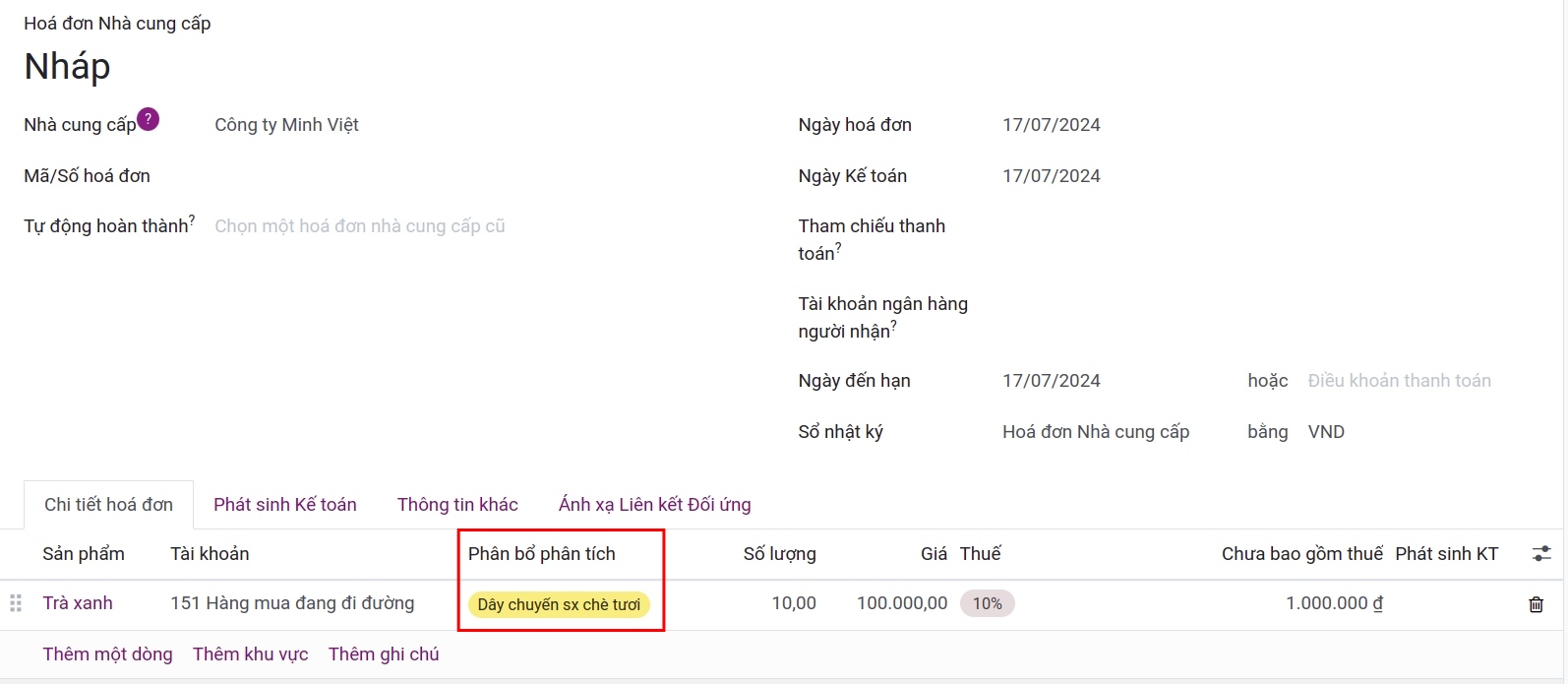 Tài khoản kế toán quản trị trên hóa đơn nhà cung cấp Viindoo