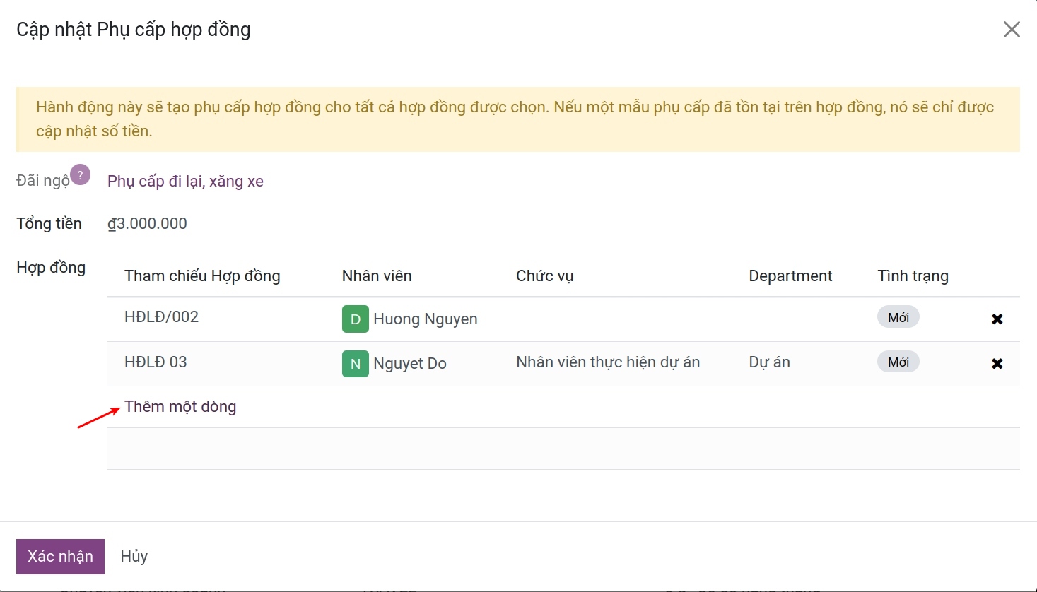 Cập nhật Phụ cấp hợp đồng