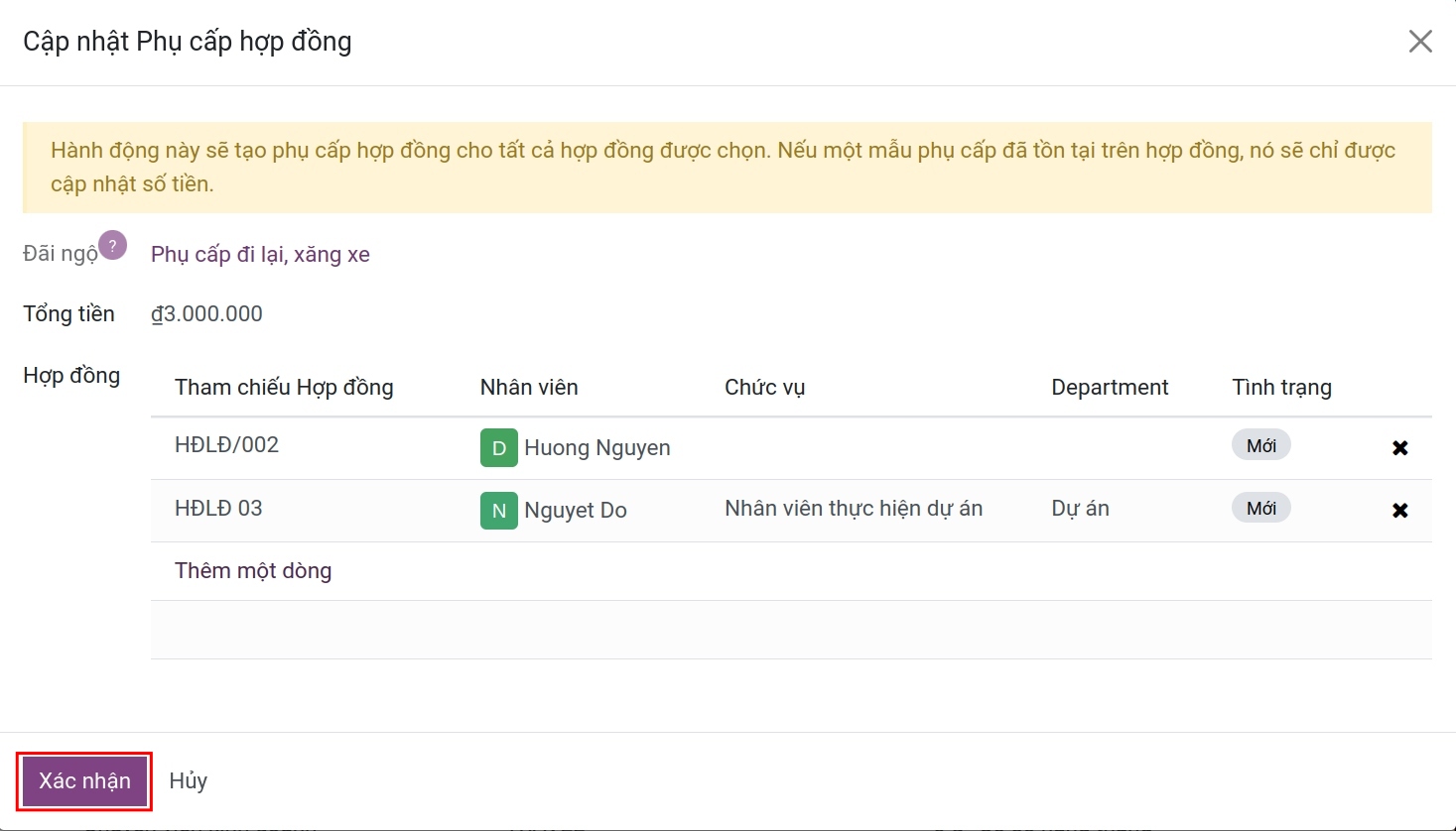 Cập nhật Phụ cấp hợp đồng
