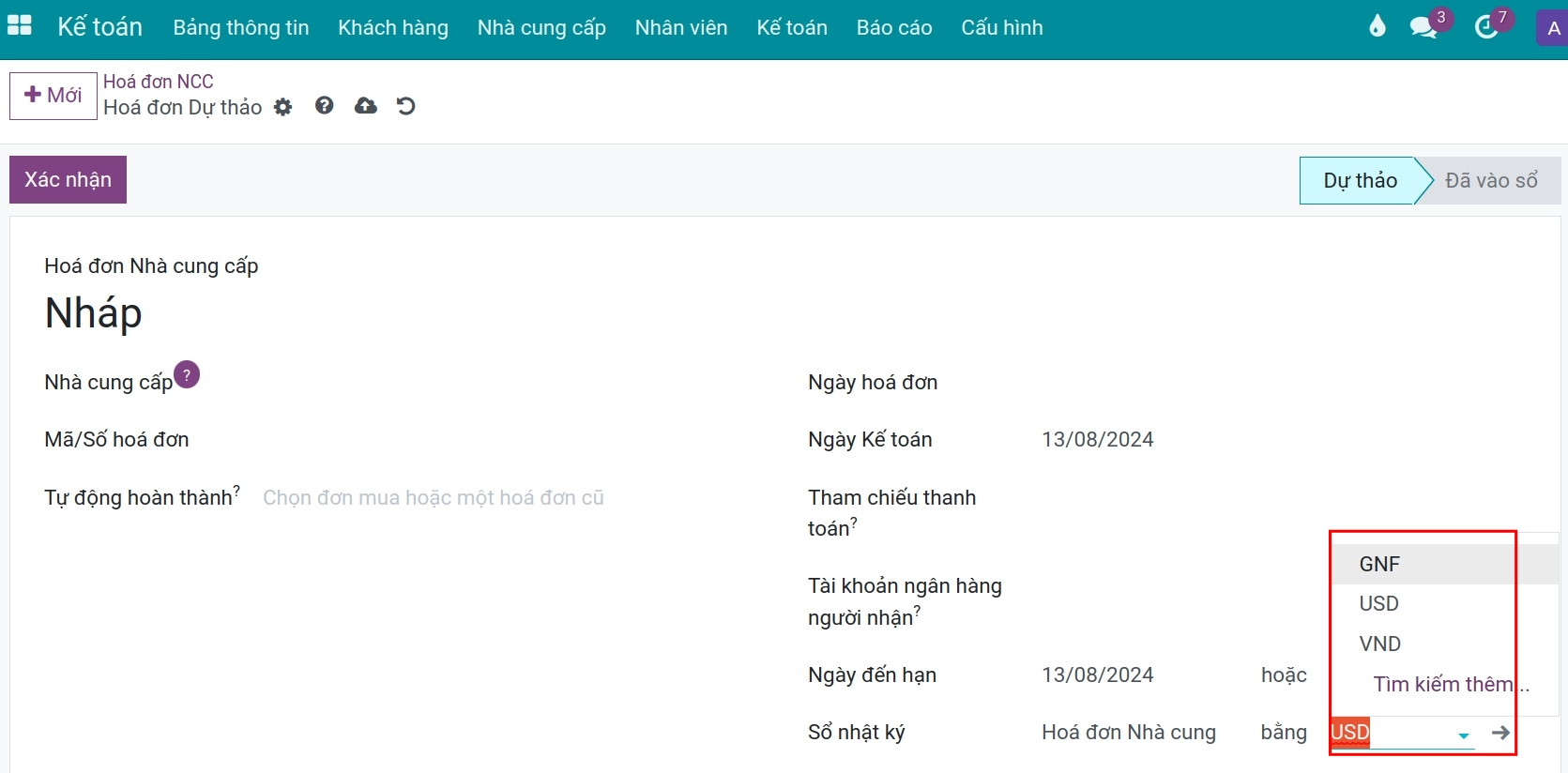Chọn tiền tệ trên giao diện tạo hóa đơn Viindoo