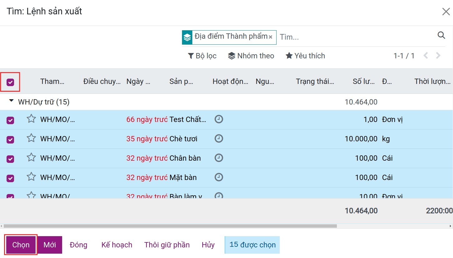 Các lệnh sản xuất cần phân bổ trong Viindoo