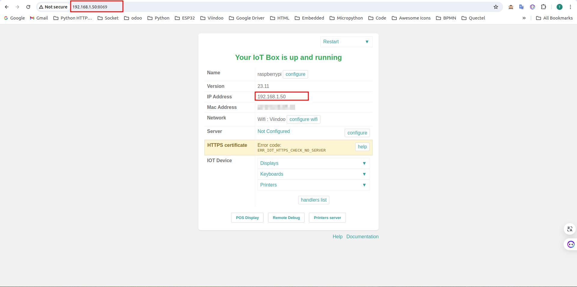 Màn hình sau khi kết nối tới địa chỉ trang chủ của IoT box.