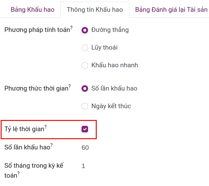 Tab thông tin khấu hao khi kích hoạt tính năng tỷ lệ thời gian.