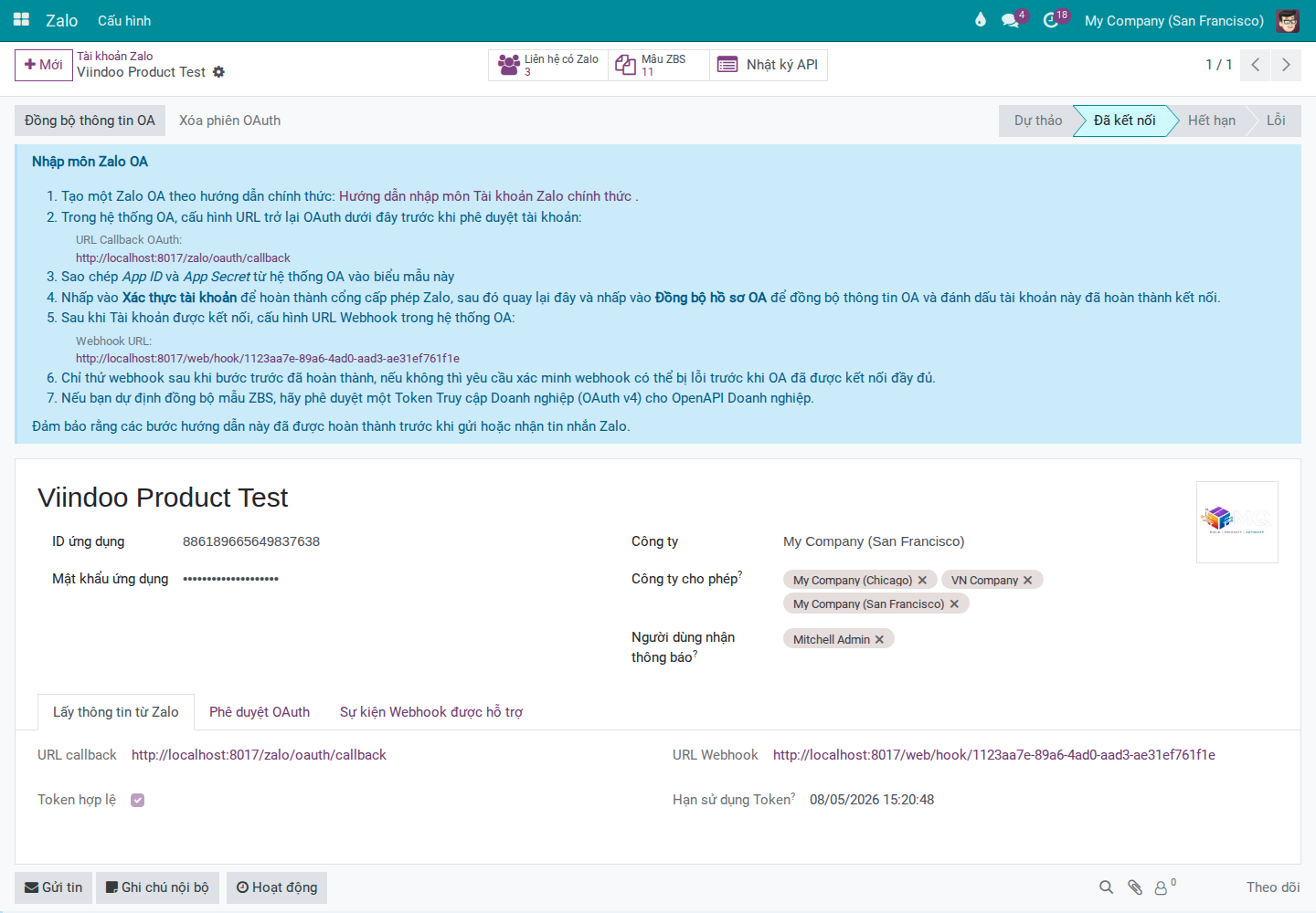 Tab Phê duyệt OAuth hiển thị URL Callback và URL Webhook để cấu hình bên Zalo OA console