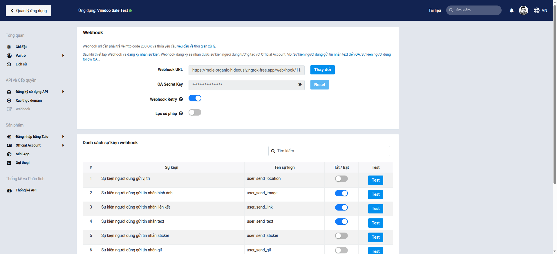 Zalo OA Console mục Webhook hiển thị Webhook URL và danh sách sự kiện webhook có thể bật/tắt và test