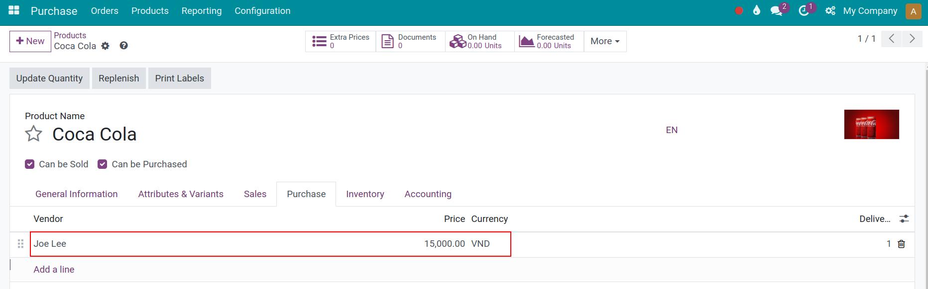 Vendor line on the Purchase tab of the product