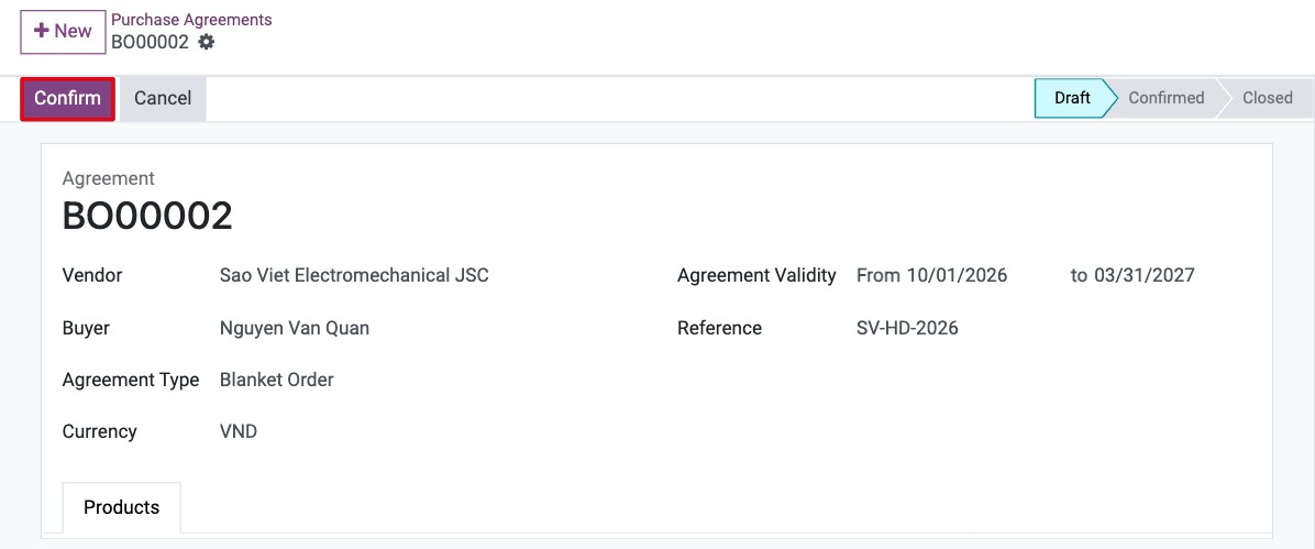 Confirm button on a draft blanket order