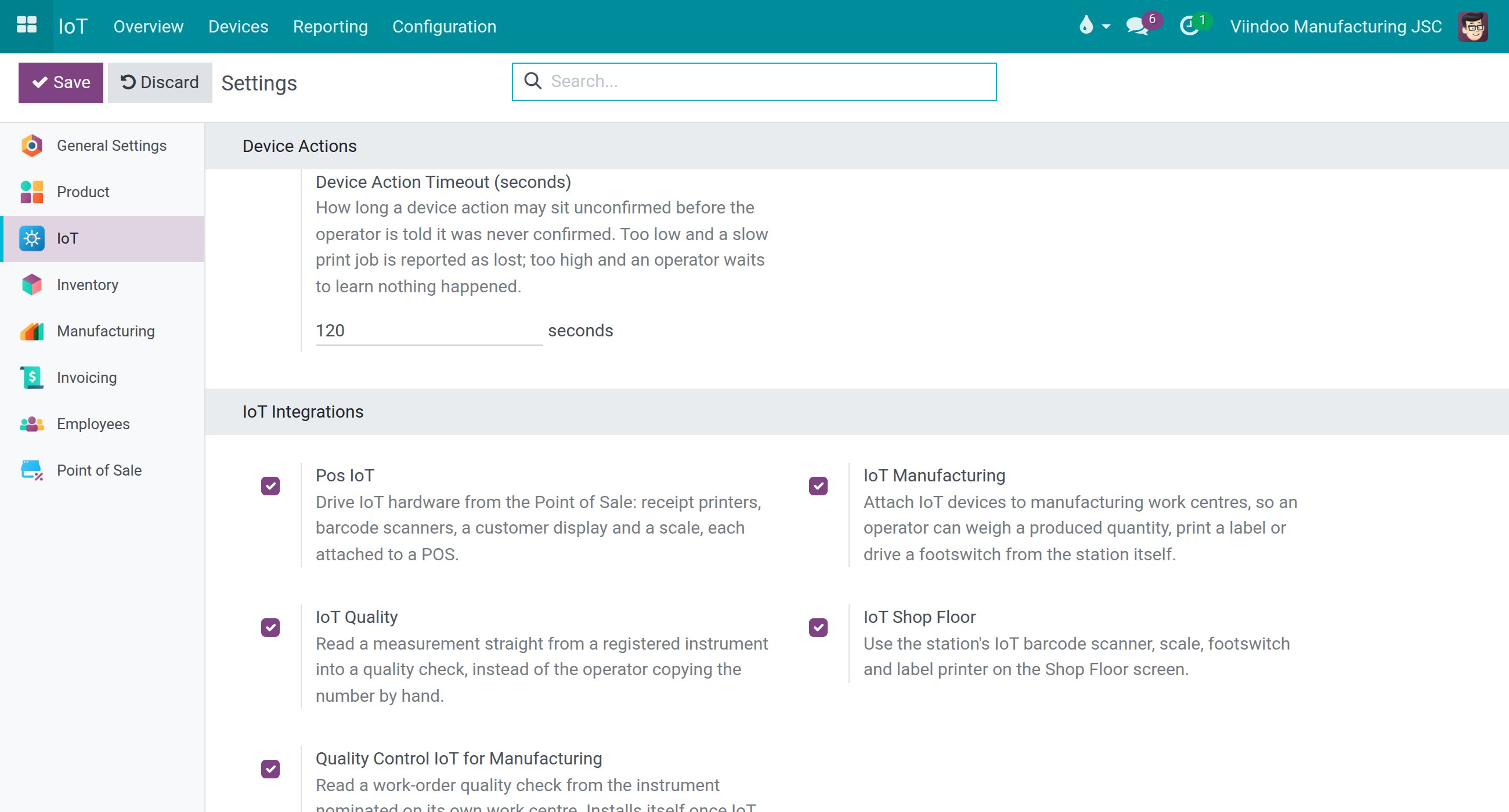 Settings, IoT, IoT Integrations with the IoT Quality toggle