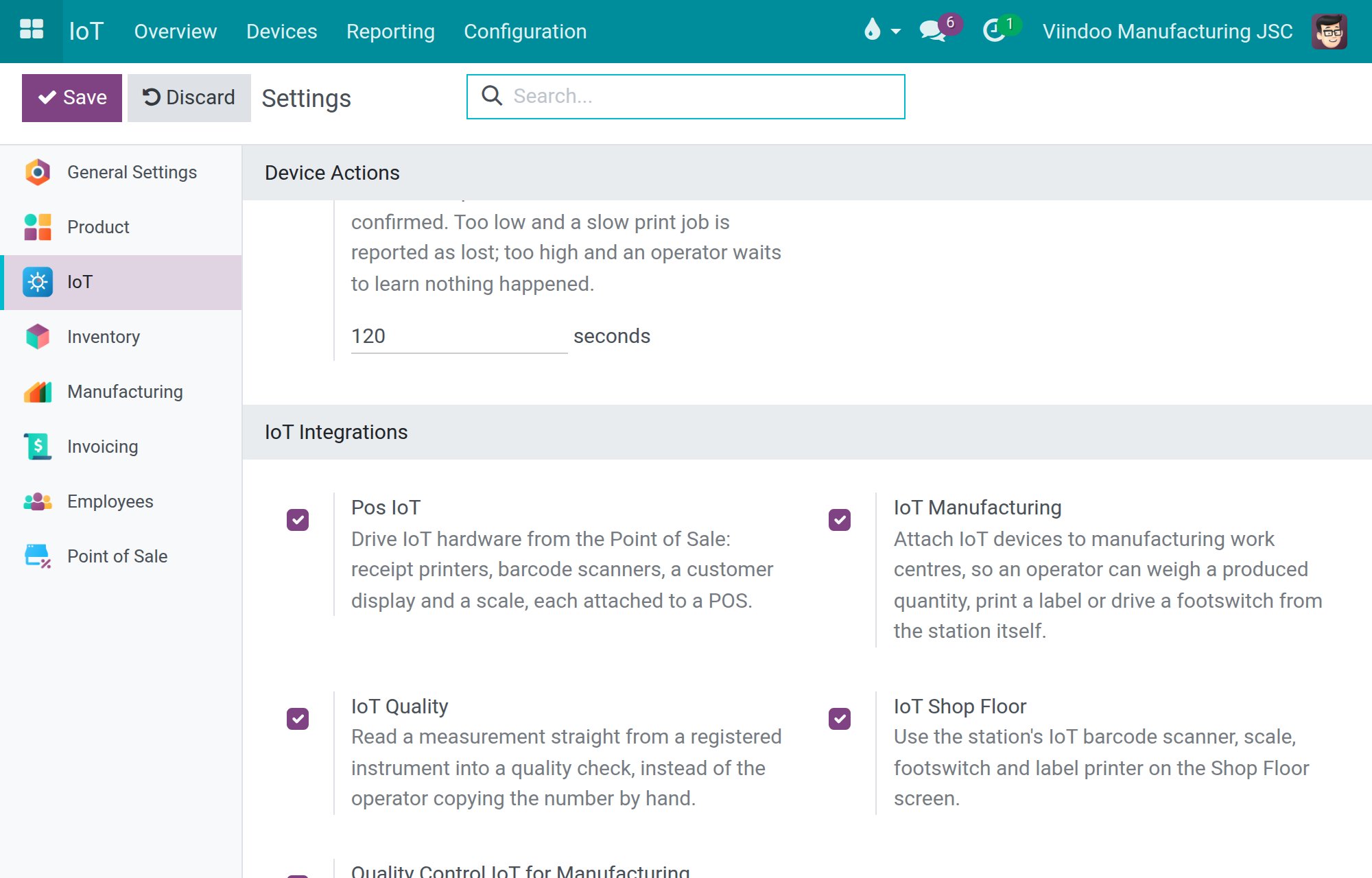 The IoT Manufacturing option under Settings, IoT, IoT Integrations.