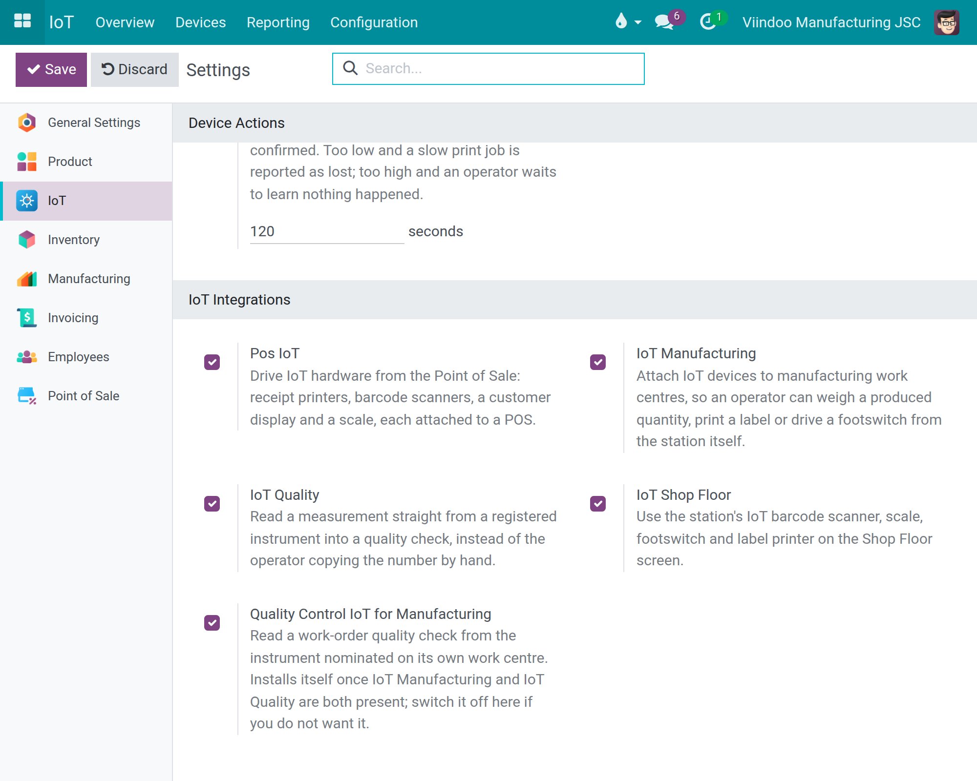 The IoT Shop Floor option under Settings, IoT, IoT Integrations.