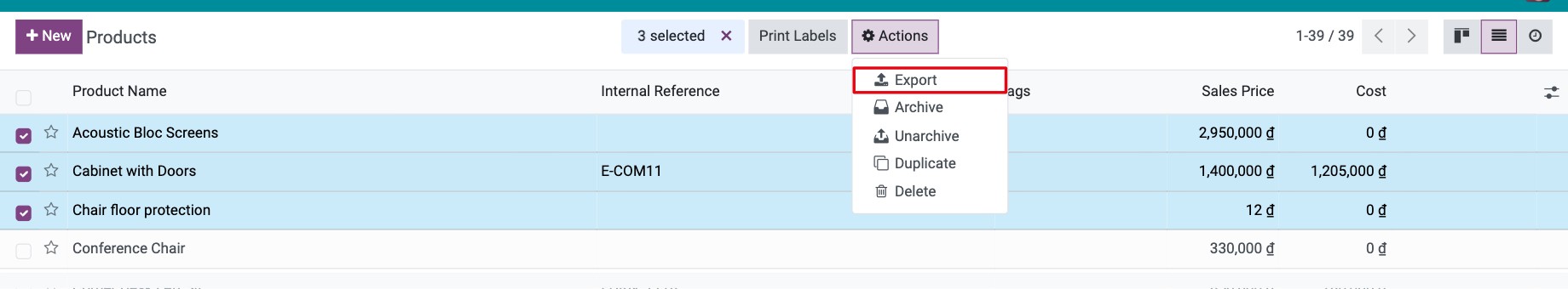 Records ticked in a list view and the Export action in the Actions menu