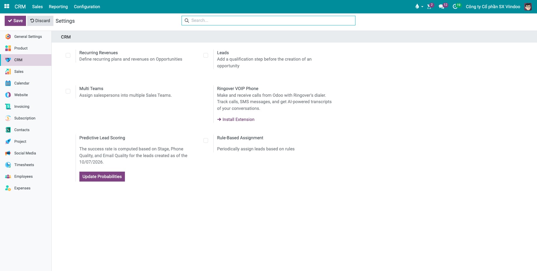 Leads option in the CRM settings of Viindoo