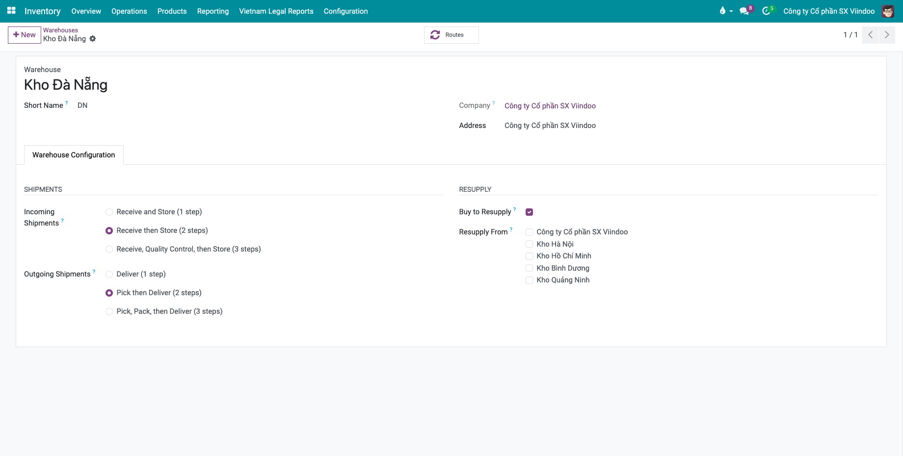Pick then Deliver (2 steps) selected under Outgoing Shipments on the warehouse form