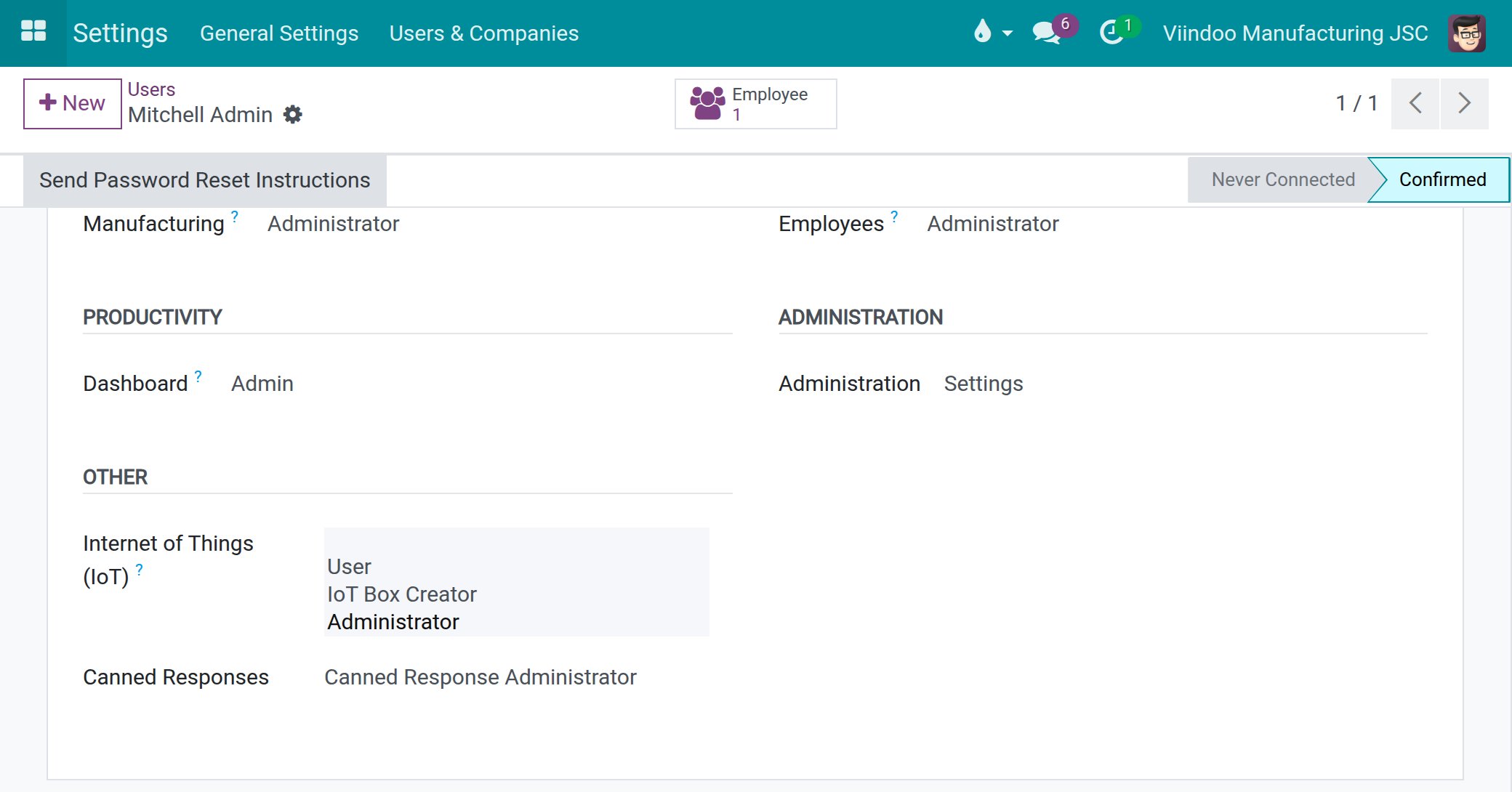 Access Rights tab of a user with the three Internet of Things (IoT) levels User, IoT Box Creator and Administrator