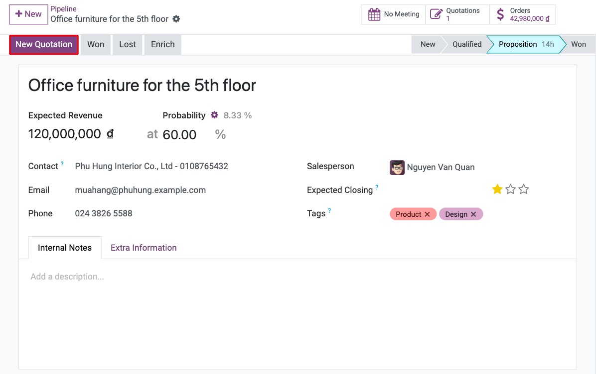 New Quotation button on an opportunity in Viindoo CRM