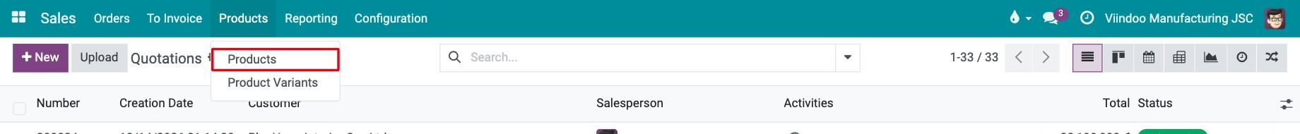 Products menu in the Viindoo Sales app