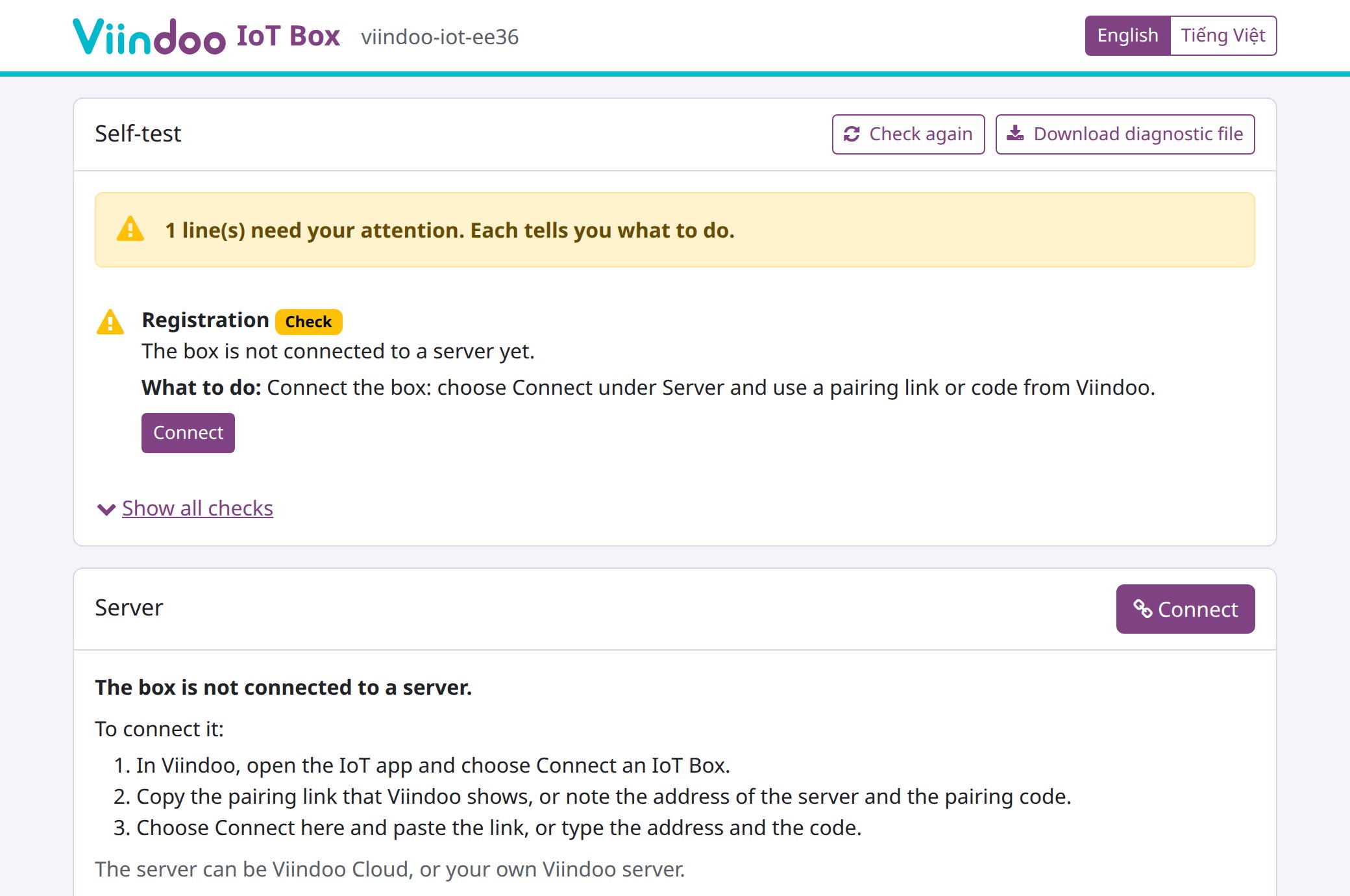 Box page of a new box: the self-test asks to connect the box, and the Server section explains how