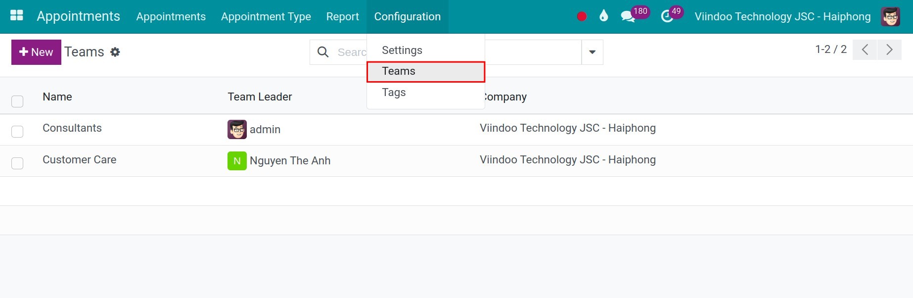 Go to teams setting in Viindoo Appointments.
