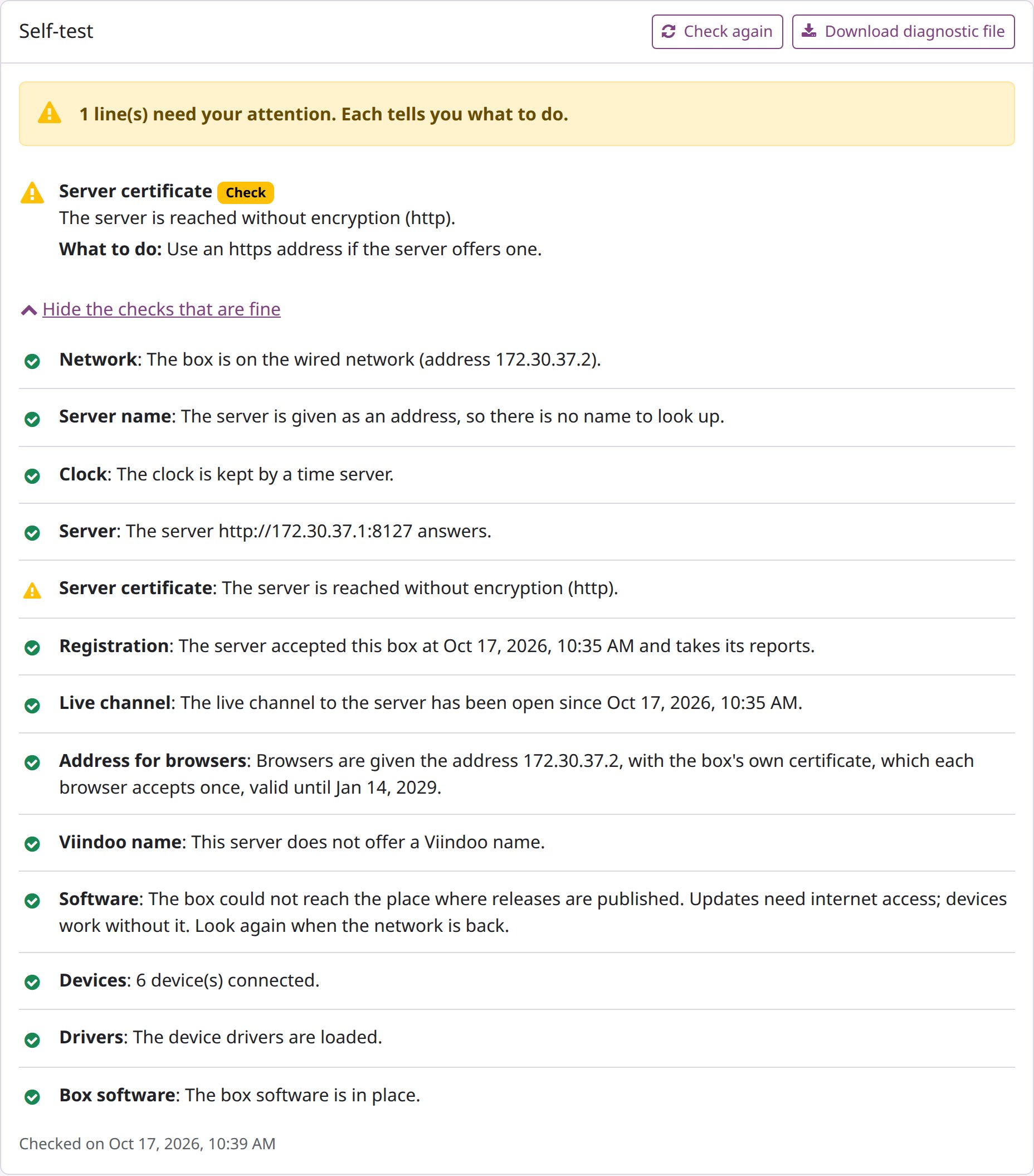 Self-test of a paired box with all checks shown, one warning about an http server address