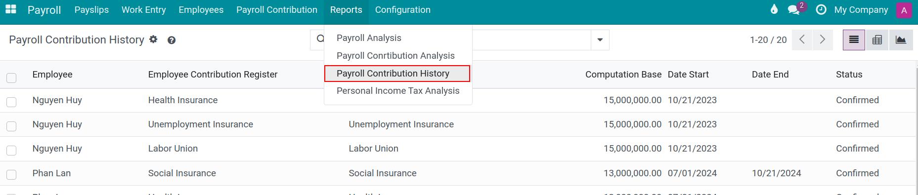 View payroll contribution history report - Viindoo Payroll accounting app