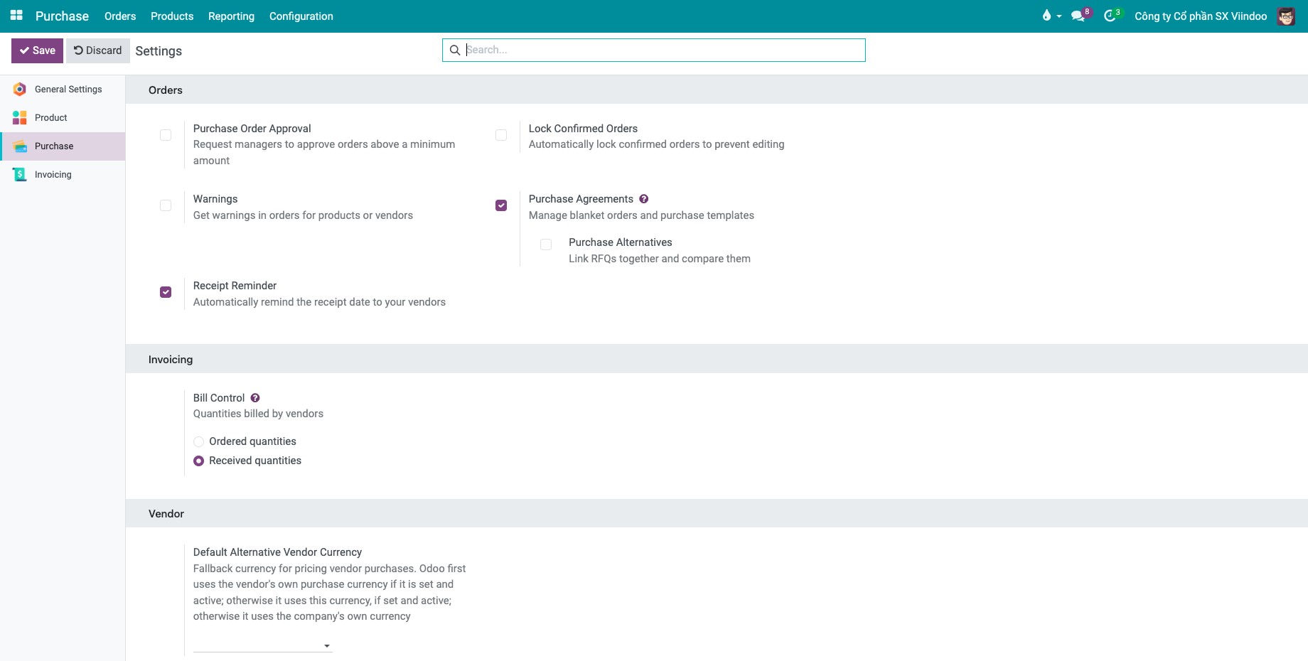 Bill Control setting with the Ordered quantities and Received quantities options