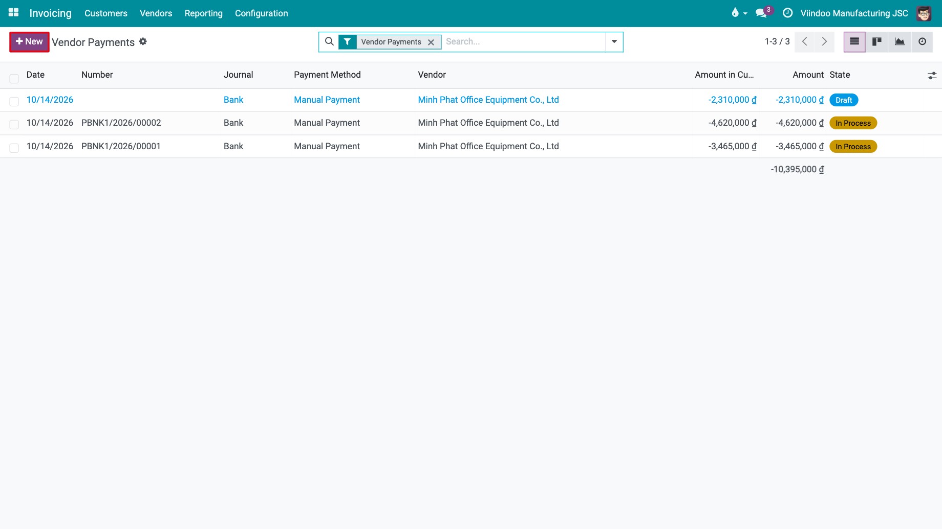 Vendor payments list with the New button