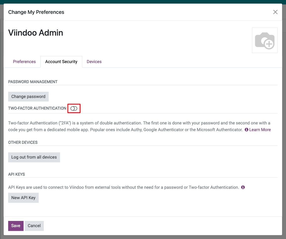 Two-factor Authentication toggle in the Account Security tab of the user profile