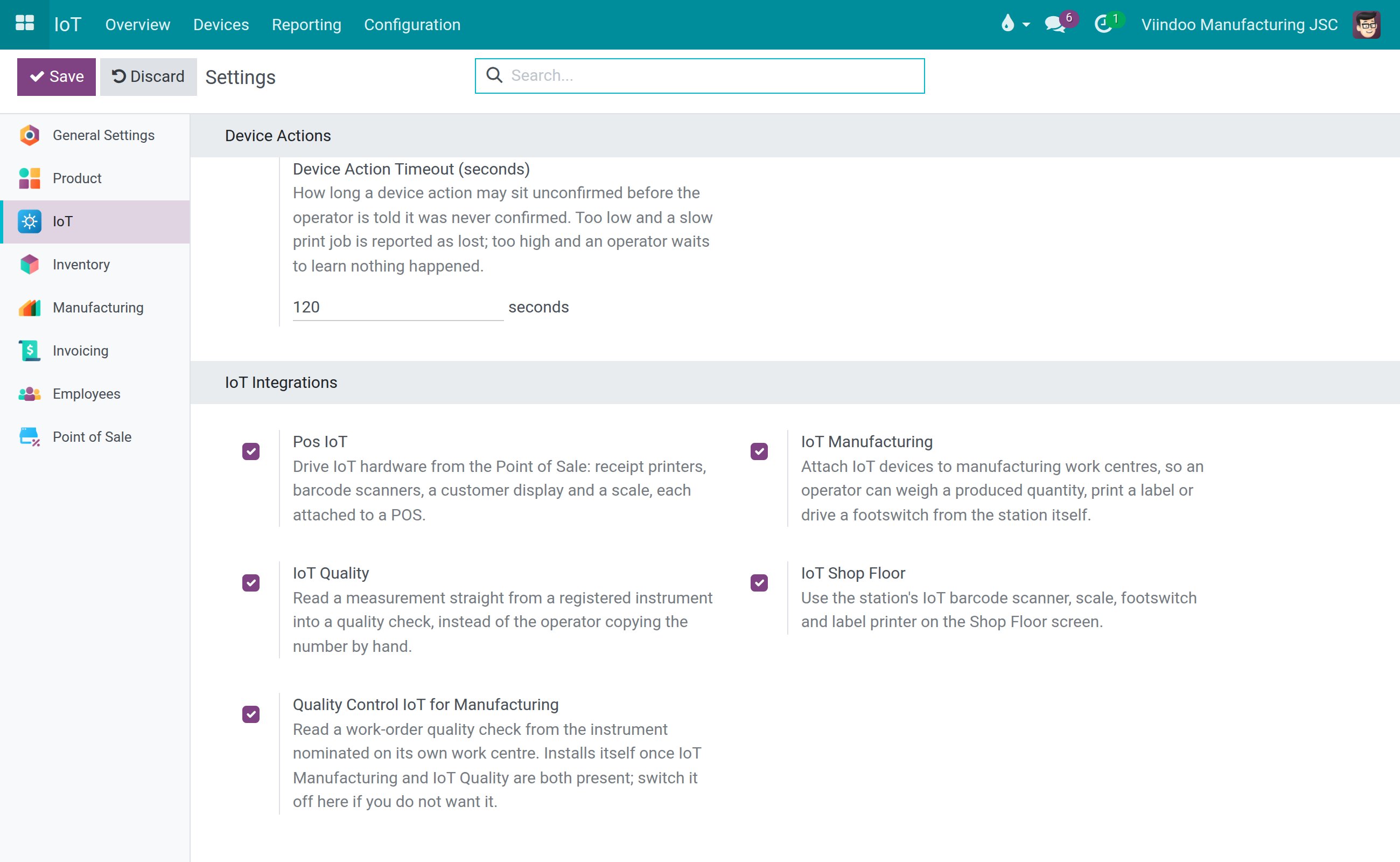 IoT Settings, IoT Integrations with the Quality Control IoT for Manufacturing toggle