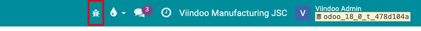 Bug icon in the Viindoo top bar showing that developer mode is on