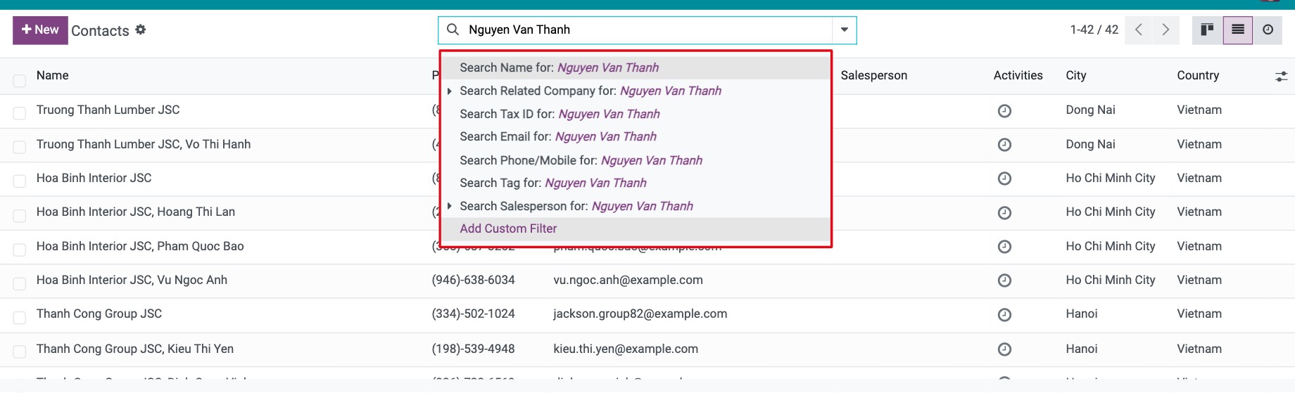 Field suggestions in the search bar after typing a keyword