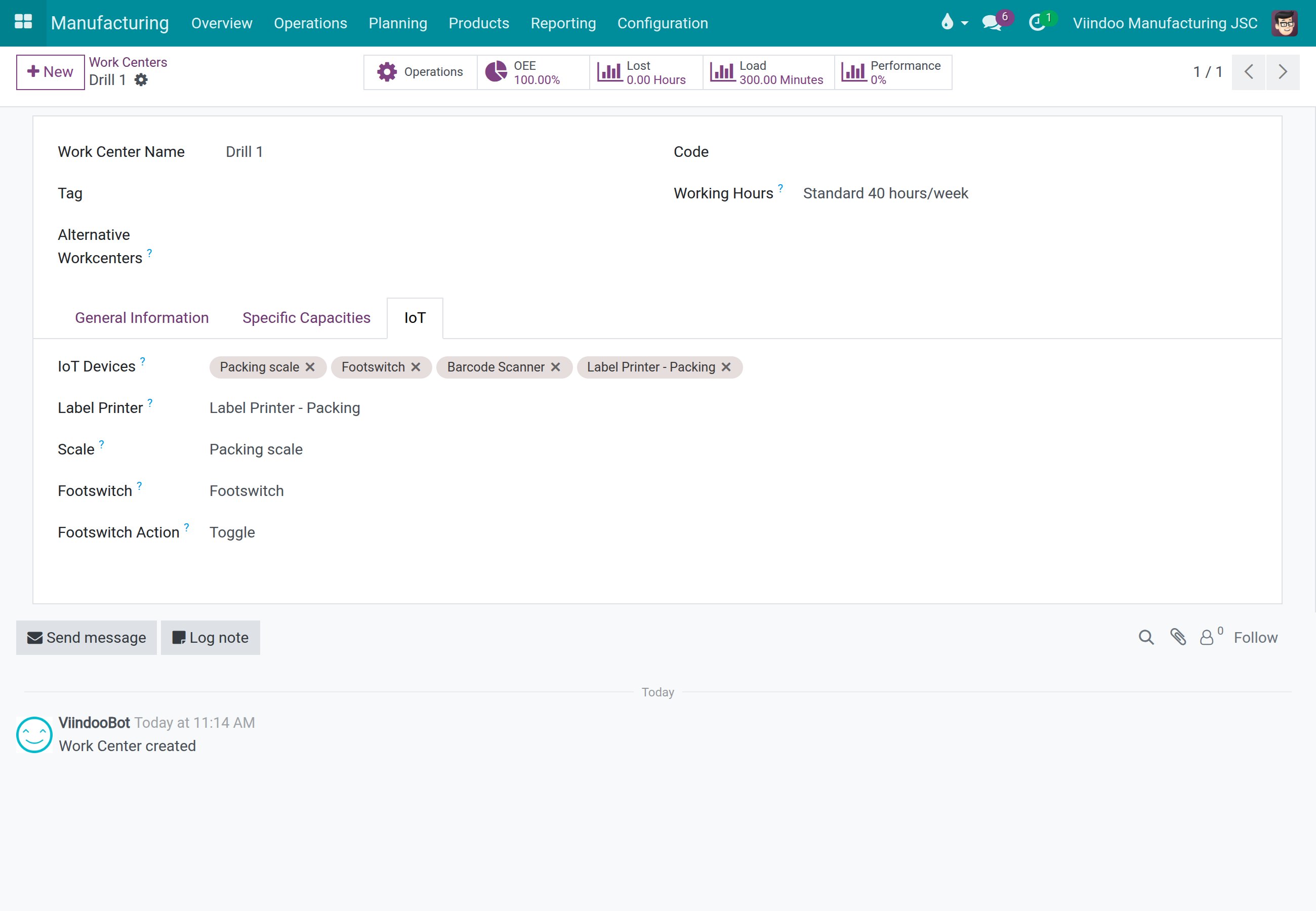 The IoT page of a work center with a scale attached and chosen in the Scale field