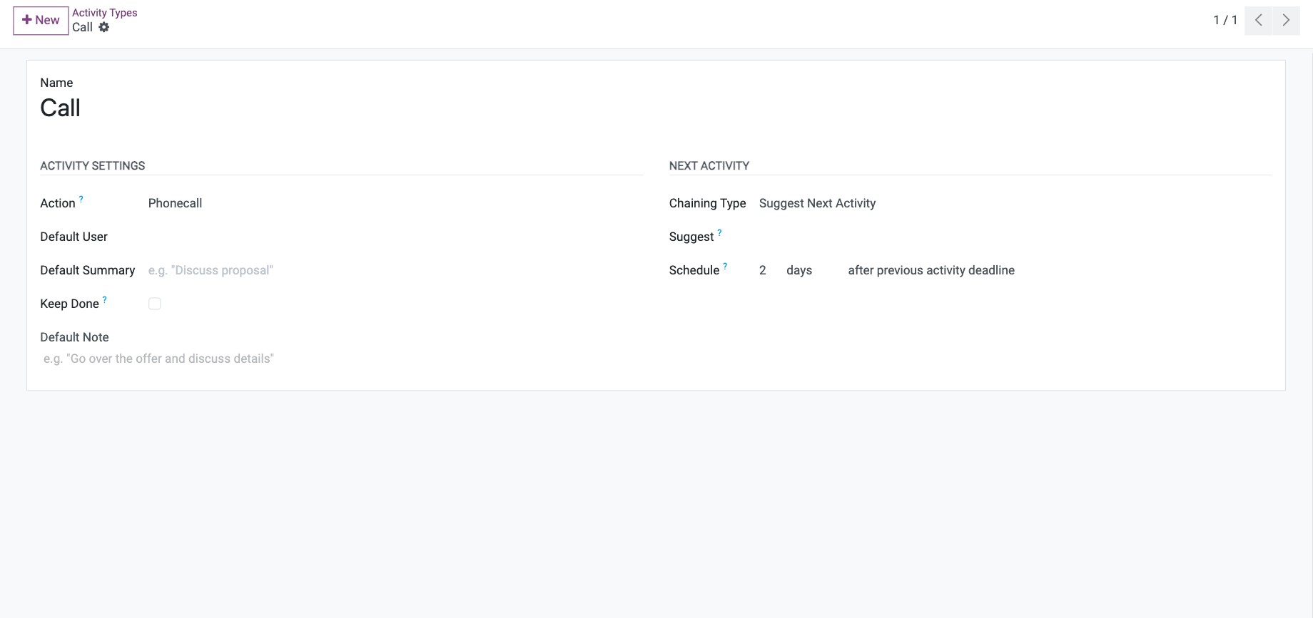Activity type form with action, default user, default summary and next activity