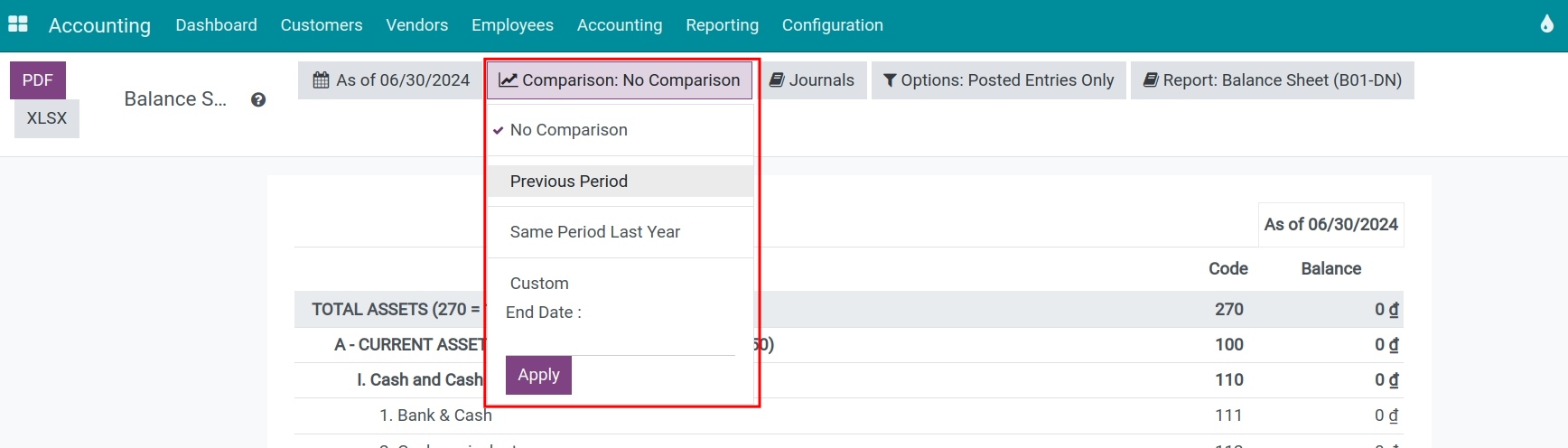 Select a comparison period on a report