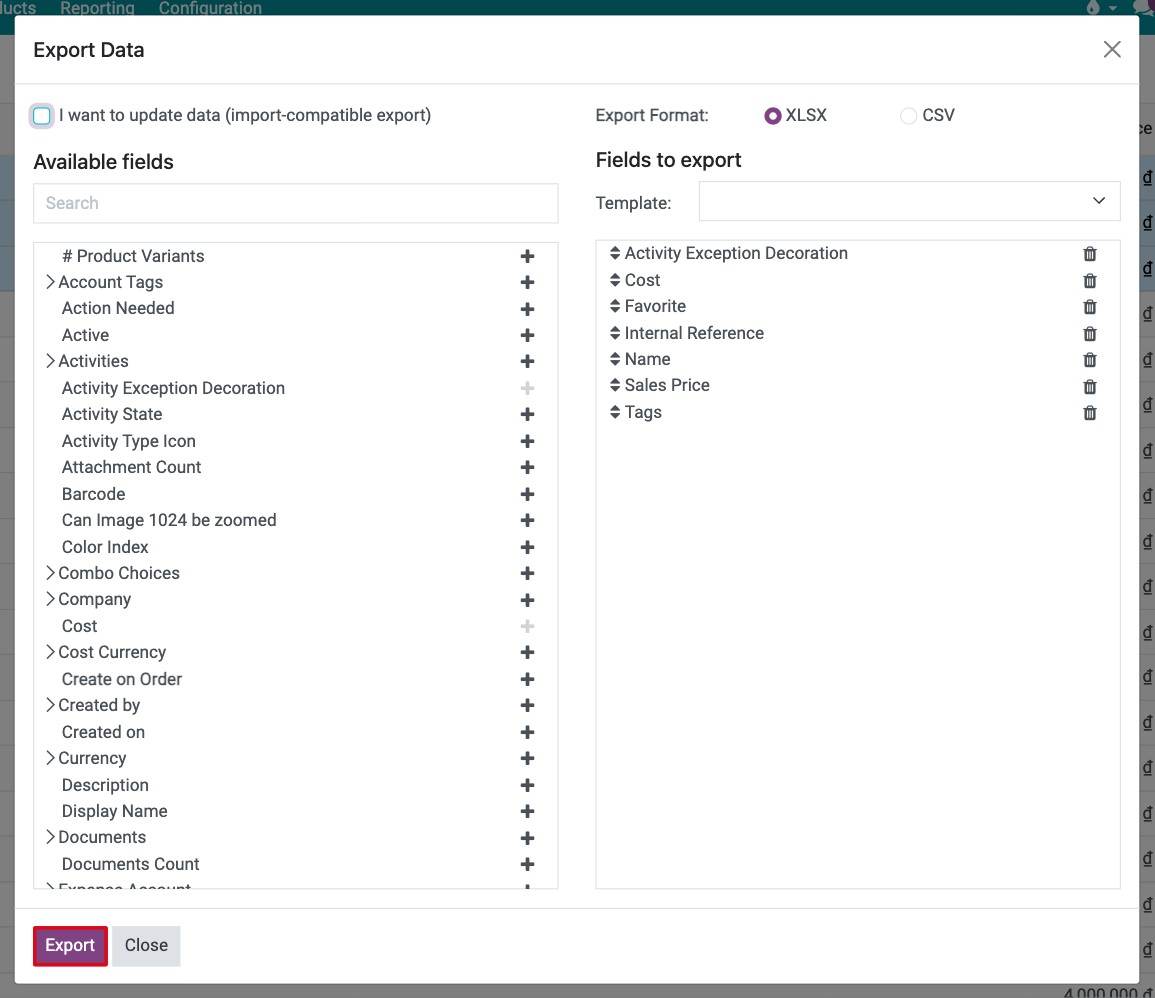 Export window with the format, available fields and fields to export