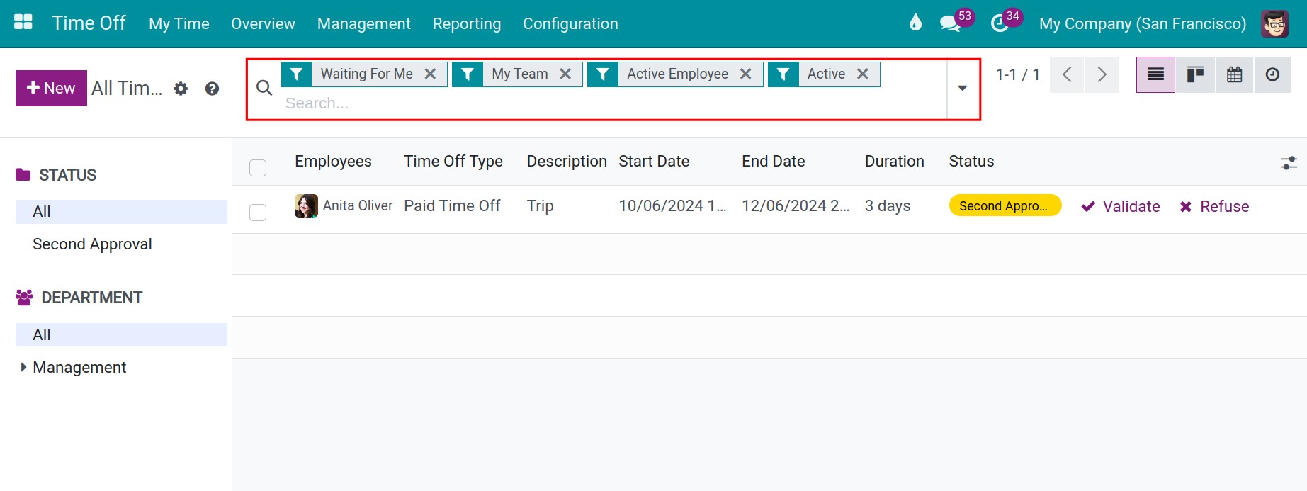 Time off list in Viindoo Time off management app