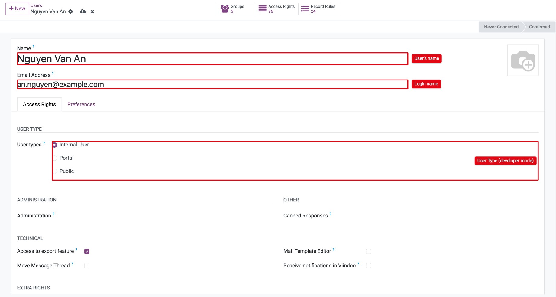 New user form with Name, Email Address and User Type