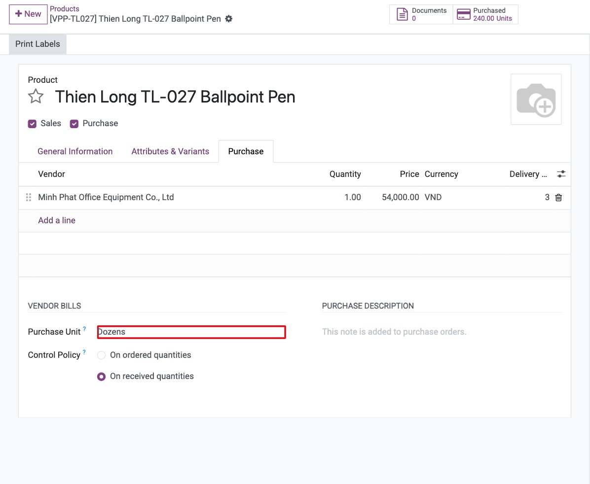 Purchase Unit field set to Dozens on the Purchase tab of the product