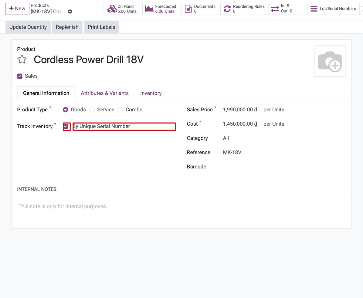Product form with Track Inventory ticked and By Unique Serial Number selected