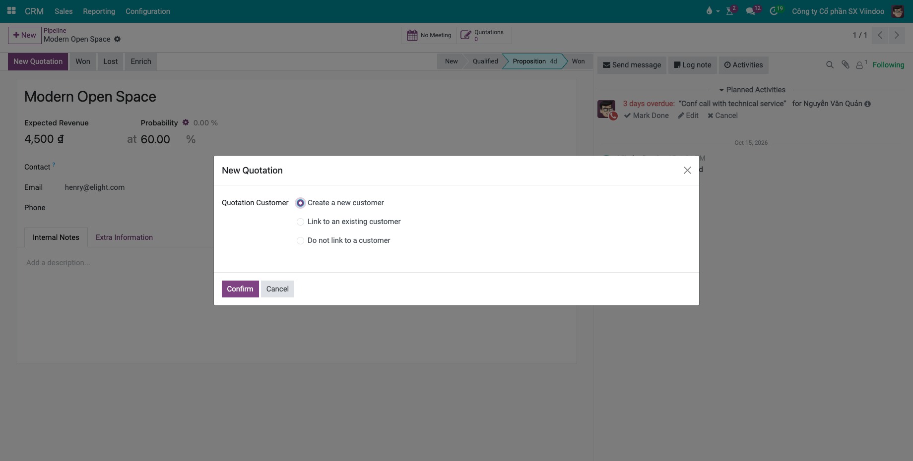 New Quotation window with the customer options