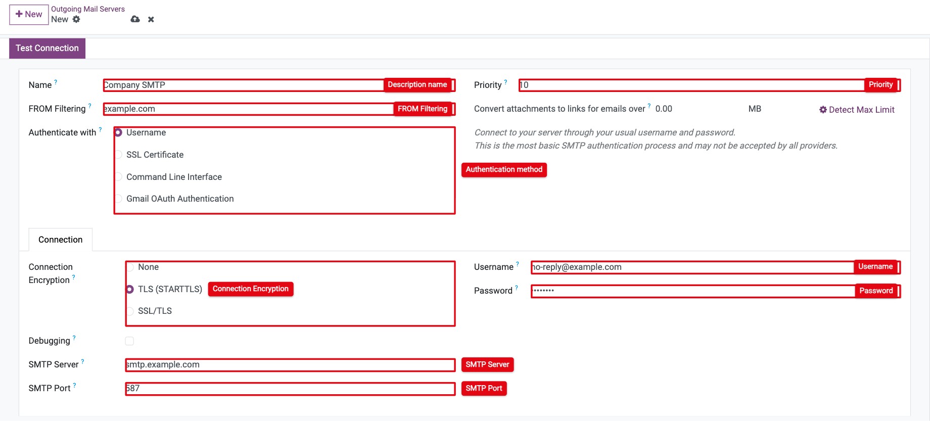 Outgoing mail server form with name, FROM filtering, authentication, encryption, SMTP server and port