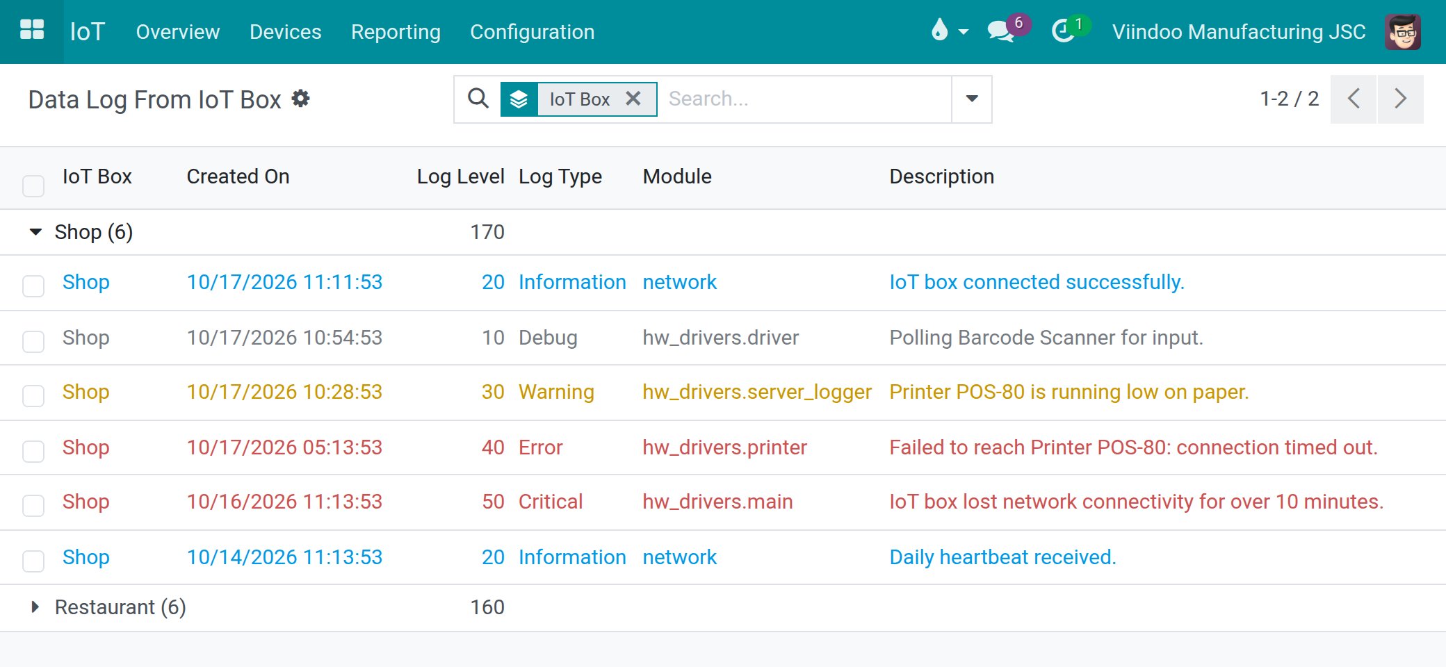 Device logs of one box, with information, debug, warning, error and critical lines