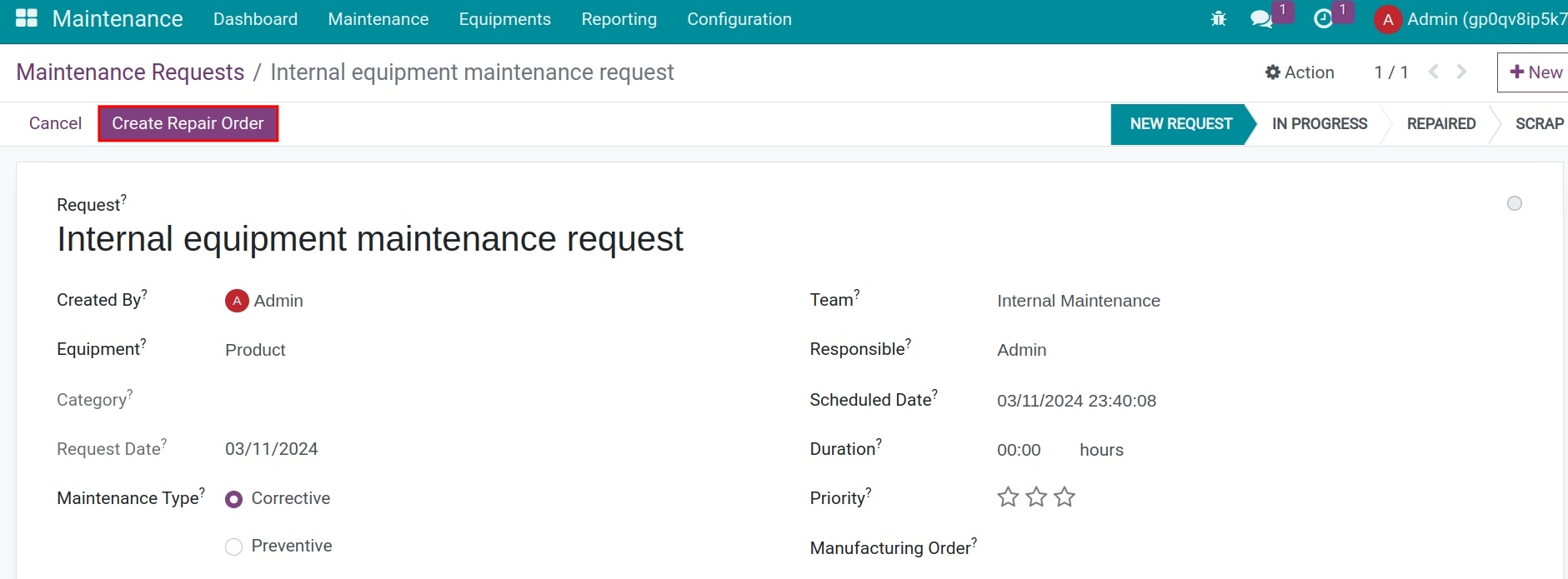 Creat Repair Order button on the maintenance request view