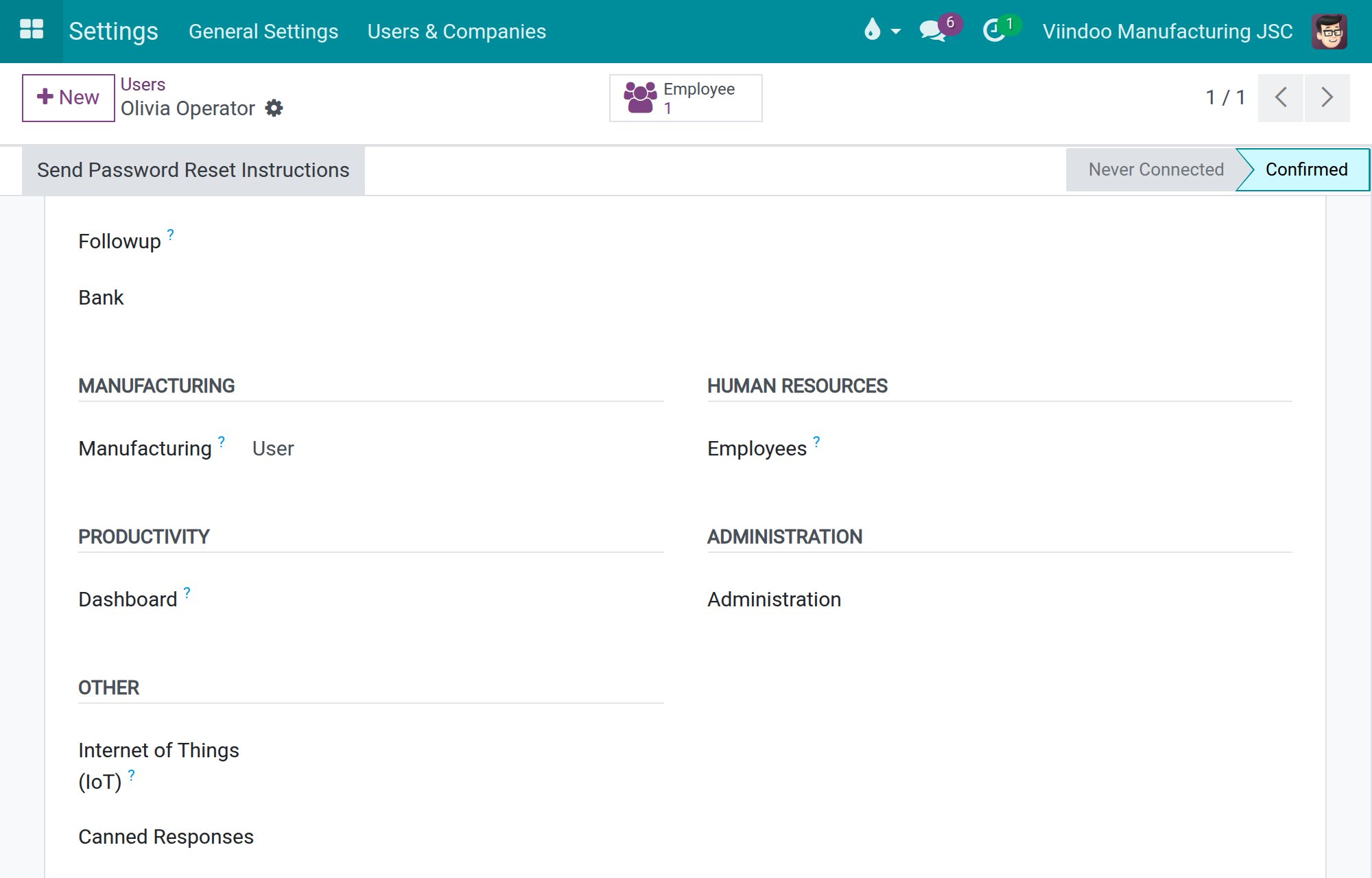 The Access Rights page of an operator: Manufacturing set to User, Internet of Things (IoT) left empty.