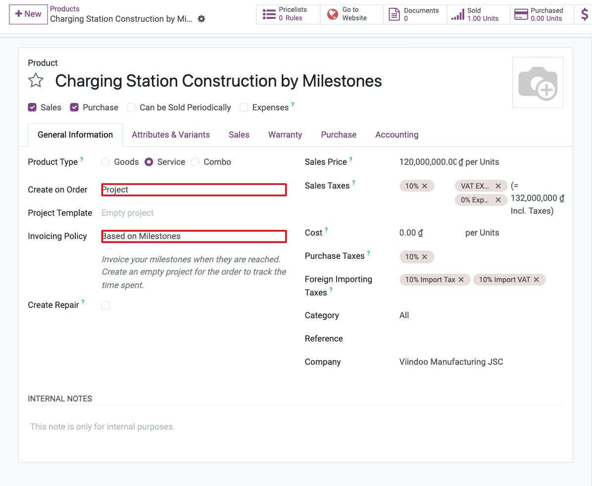 Service product with the Based on Milestones invoicing policy and the Create on Order options