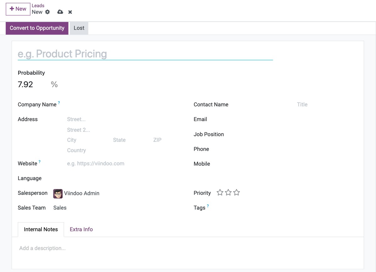 Empty lead form in the Viindoo CRM app