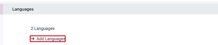 Languages section of Viindoo Settings with the number of active languages and Add Languages