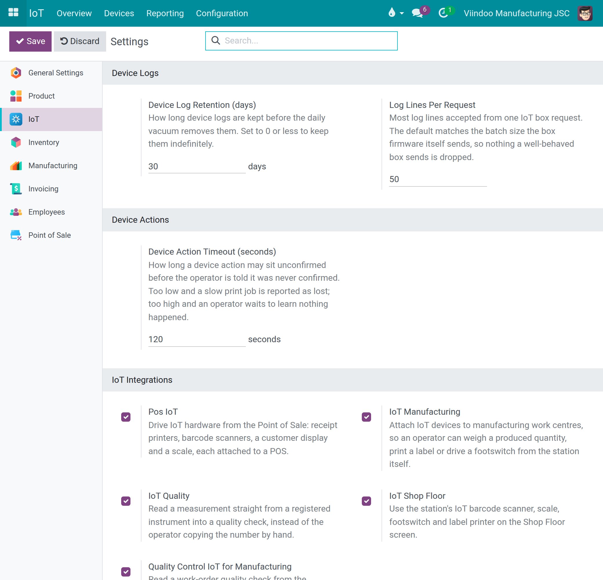 IoT Settings page with the Device Logs, Device Actions and IoT Integrations blocks