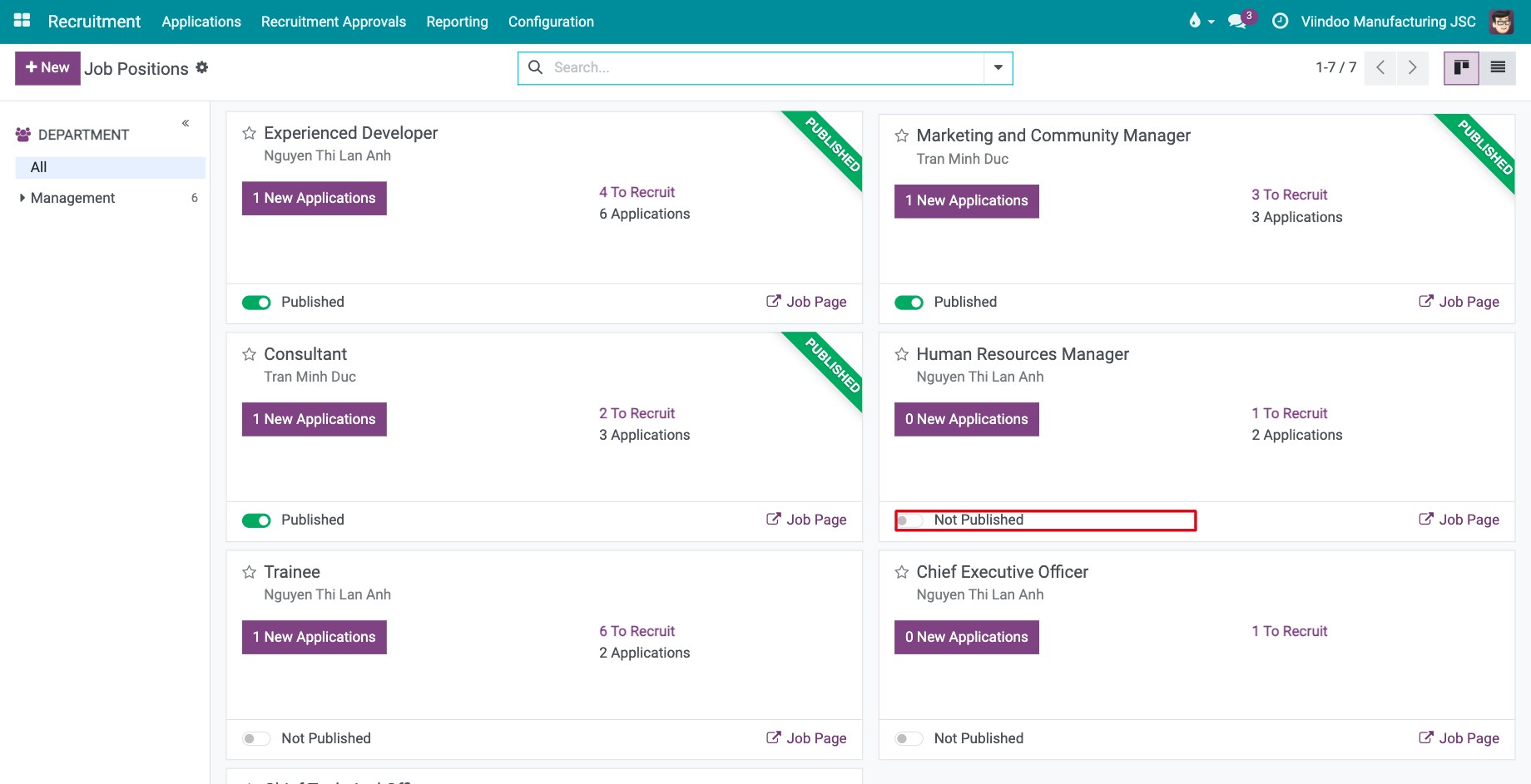 Job position cards with the Not Published toggle highlighted